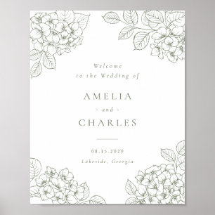 Affiche Élégante Hydrangea Verte Florale Mariage Bienvenue