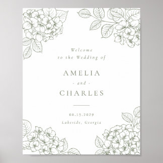 Affiche Élégante Hydrangea Verte Florale Mariage Bienvenue