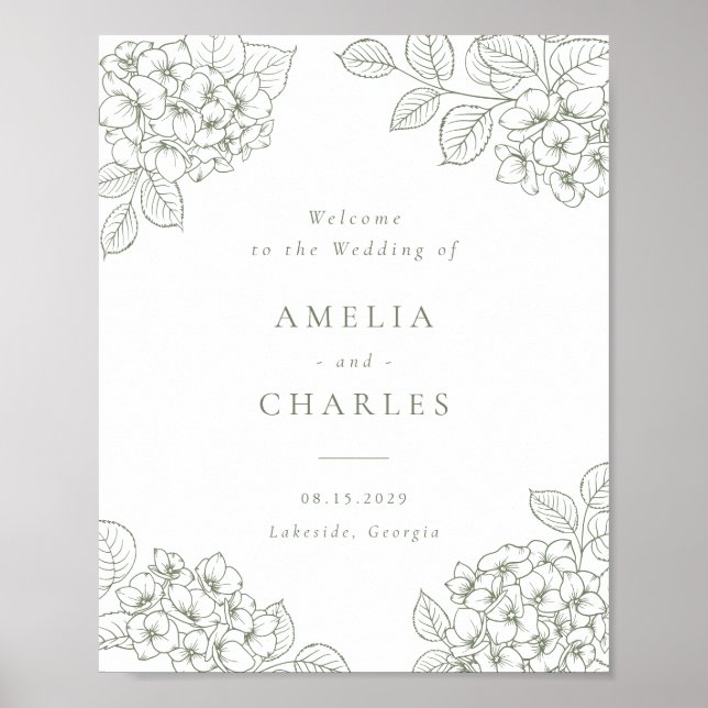 Affiche Élégante Hydrangea Verte Florale Mariage Bienvenue (Devant)