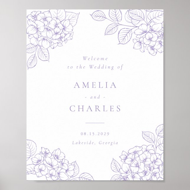 Affiche Élégante Hydrangea Violette Fleurie de Mariage de  (Devant)