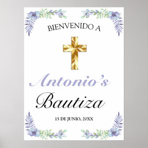 Affiche Elegante Lavanda Cruz De Oro Bautizo Bienvenido