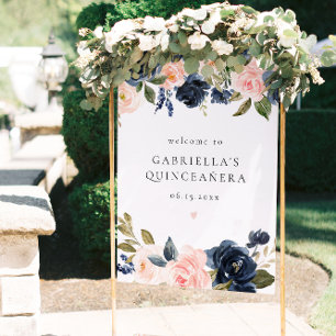 Affiche Elégante Marine Blush Floral Quinceañera Bienvenue