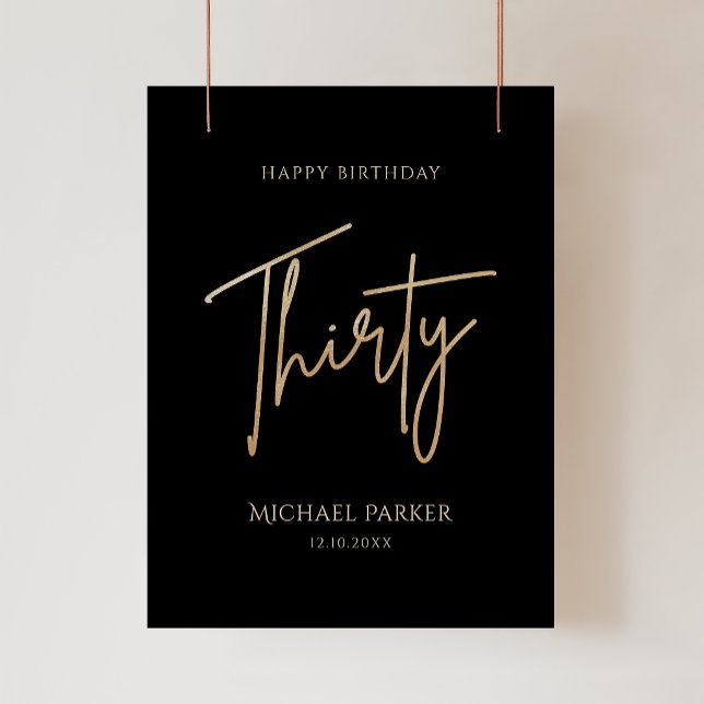 Affiche élégante noire et dorée pour 30e anniversa (Elegant Black and Gold 30th Birthday Poster)