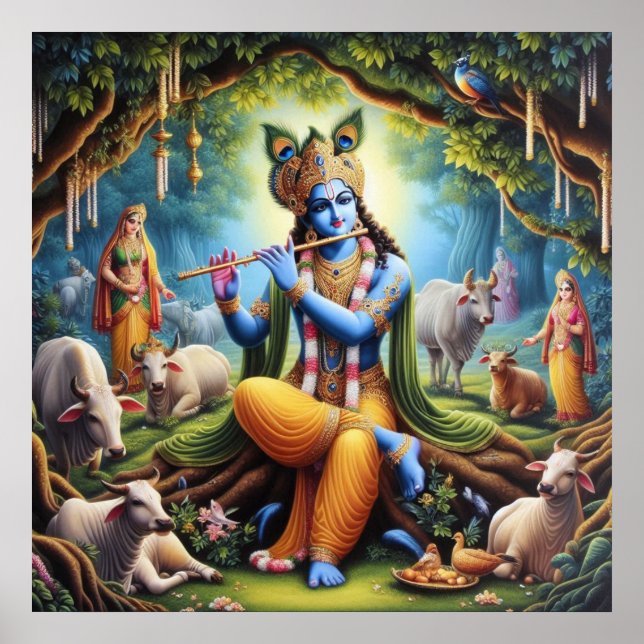 Affiche Élégante œuvre d'art représentant Lord Krishna en  (Devant)