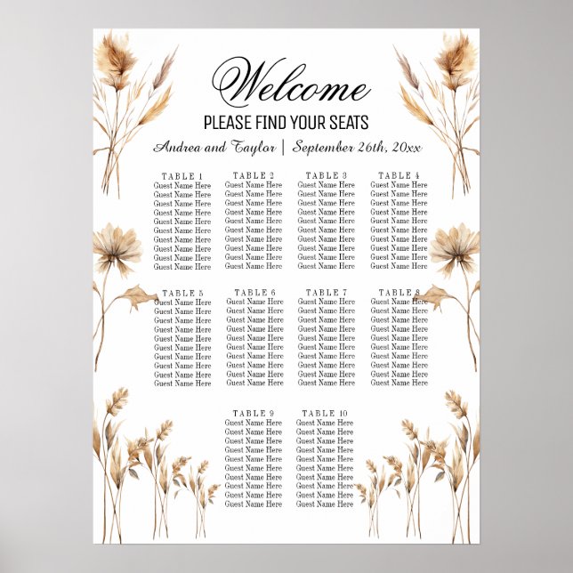 Affiche Elégante Pampas Grass 10 Tables Mariage Siège (Devant)