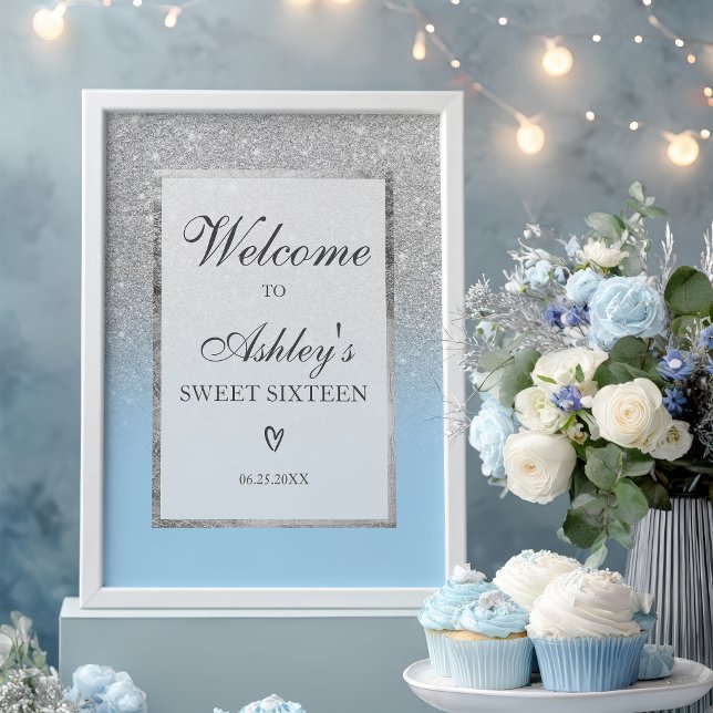 Affiche Elégante parties scintillant Argent ombre Bleu Dou (Elegant Silver glitter ombre Blue Sweet 16 Welcome Poster)