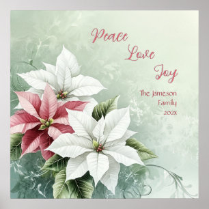 Affiche Élégante Poinsettias de Noël Rose Blanc