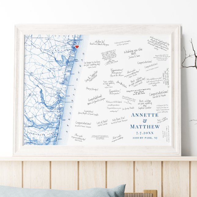 Affiche élégante pour le livre d'or de mariage à A (Asbury Park Map Wedding Guest Book Poster in elegant navy blue by Coastal Map Designs)