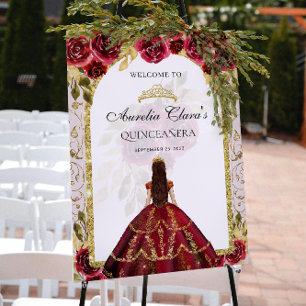 Affiche Elégante Princesse Rouge Floral Quinceañera Annive