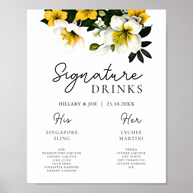 Affiche Élégante signature Mariage Jaune Boissons (Devant)