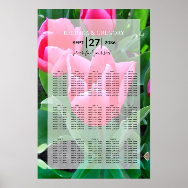 Affiche Élégante Tulipes Roses Mariage Carte de siège (Devant)