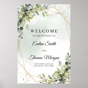 Affiche Elégante verdure eucalyptus or mariage bienvenue