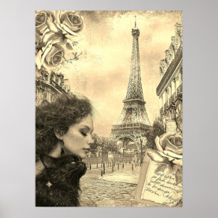 Affiche Elégante Victorienne Fille & Chat Noir À Paris
