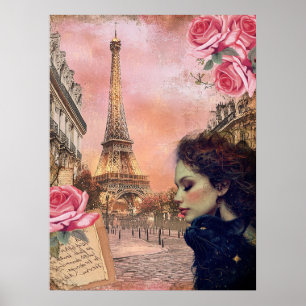 Affiche Elégante Victorienne Fille & Chat Noir À Paris
