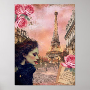 Affiche Elégante Victorienne Fille & Chat Noir À Paris
