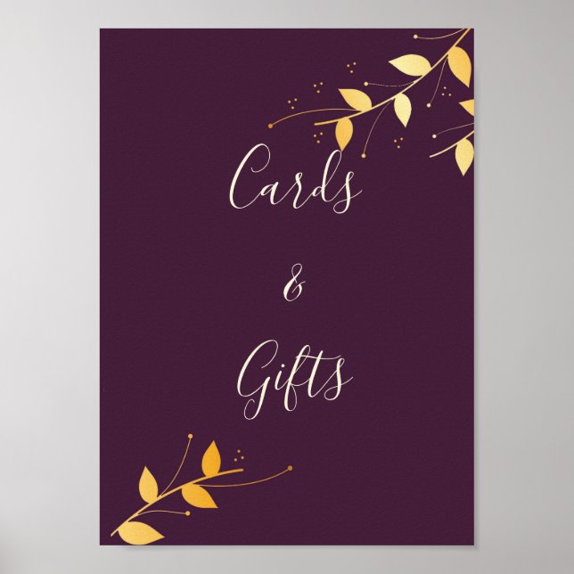Affiche Elégante Violet Golden Feuilles Cartes & Cadeaux (Devant)