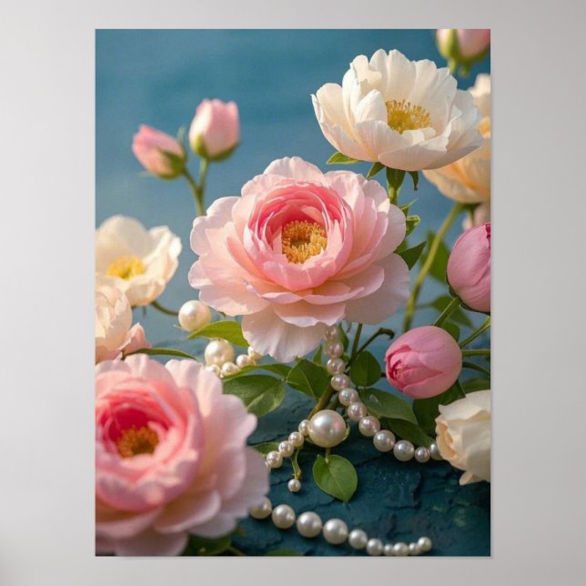 Affiche Élégantes fleurs blanches rose pâle avec perles (Devant)