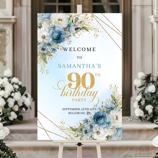 Affiche Élégantes fleurs bleues poussiéreuses cadre doré 9 (Elegant dusty blue florals gold frame 90th birthday sign

)