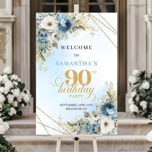 Affiche Élégantes fleurs bohèmes bleues or 90e anniversair
