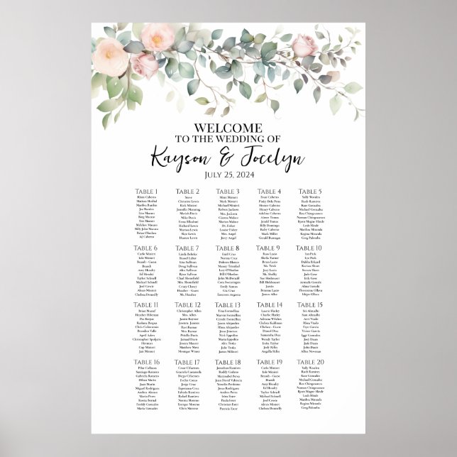 Affiche Élégantes fleurs mariage carte de sièges 20 tables (Devant)