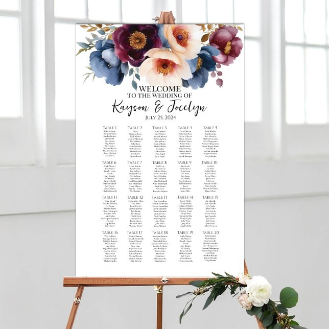 Affiche Élégantes fleurs mariage carte de sièges 20 tables (Créateur téléchargé)