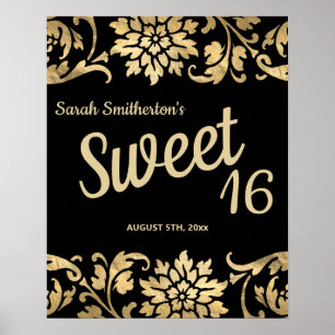 Affiche Élégantes fleurs noires et or Sweet 16 Anniversair