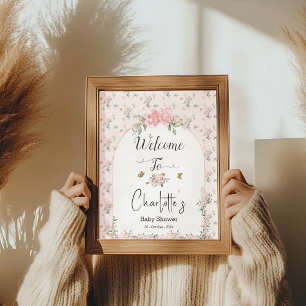 Affiche Élégantes roses roses et papillon Baby Shower Bien