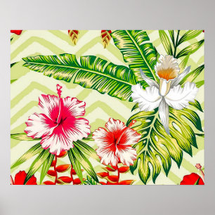 Affiche Élégants Feuilles tropicaux et fleurs d'Hibiscus  