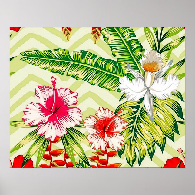 Affiche Élégants Feuilles tropicaux et fleurs d'Hibiscus | (Devant)