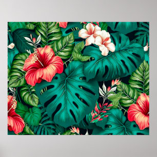 Affiche Élégants Feuilles tropicaux et fleurs d'Hibiscus