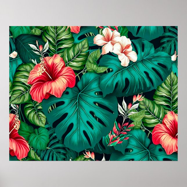 Affiche Élégants Feuilles tropicaux et fleurs d'Hibiscus | (Devant)