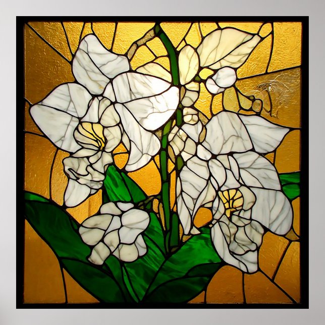 Affiche Élégants orchidées blanches en verre teinté (Devant)