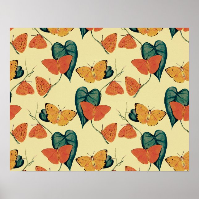 Affiche Élégants papillons Vintages et Motif Feuille | (Devant)