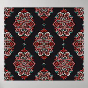 Affiche éléments cachemire asiatique, motif vintage boho.