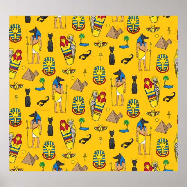 Affiche éléments égyptiens, Anubis, motif pyramides. (Devant)