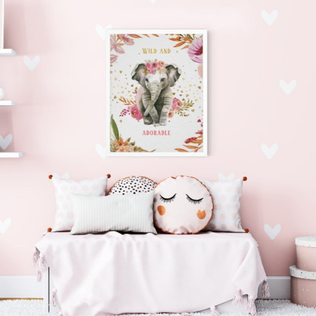 Affiche Éléphant à l'aquarelle Fleurs roses Fille Nounou (Créateur téléchargé)