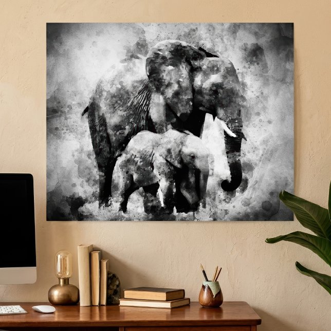 Affiche Eléphant africain avec veau noir et blanc (Majestic Female African Elephant with Calf B&W. Poster)