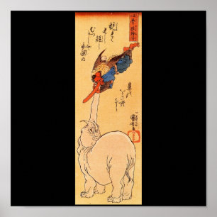 Affiche Éléphant attrapant un Tengu volant. Circa 1800's