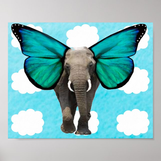 Affiche Éléphant aux ailes bleues dans les nuages (Devant)