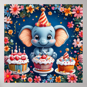 Affiche Éléphant avec Gâteau et Ballons Fête d'Enfants Art