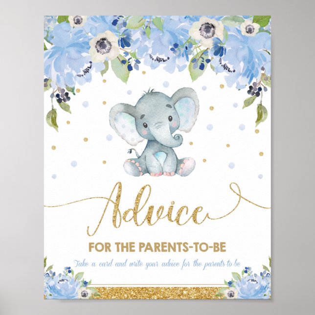 Affiche Elephant Baby shower Boy Conseils pour les parents (Devant)