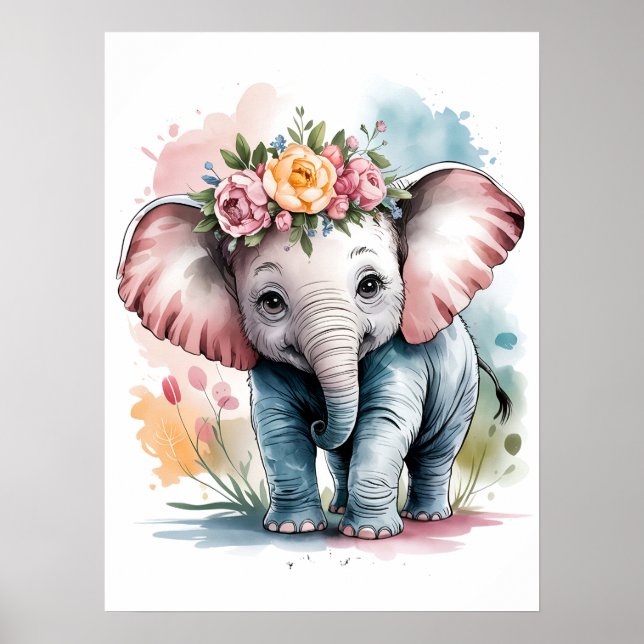 Affiche Éléphant Bébé Adorable avec Couronne Florale (Devant)