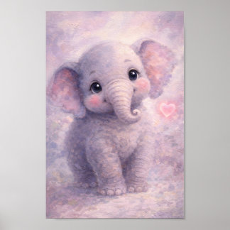 Affiche Éléphant Bébé Cœur Rose Pastel Peinture à l'Huile