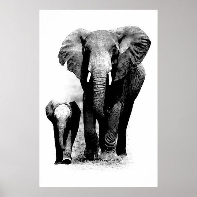 Affiche éléphant & bébé éléphant en noir et blanc (Devant)