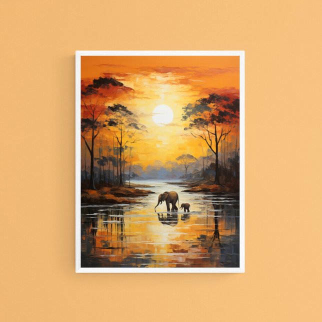 Affiche Eléphant bébé et maman Profitant du coucher de sol (Créateur téléchargé)