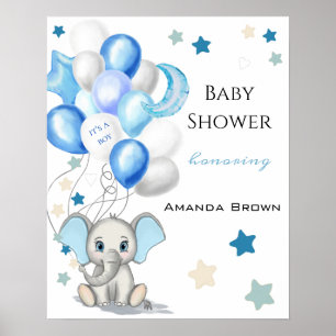 Affiche Eléphant bébé mignon avec ballons Baby shower garç