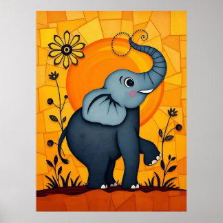 Affiche Eléphant Bleu adorable aux accents floraux