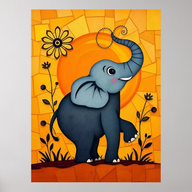 Affiche Eléphant Bleu adorable aux accents floraux (Devant)