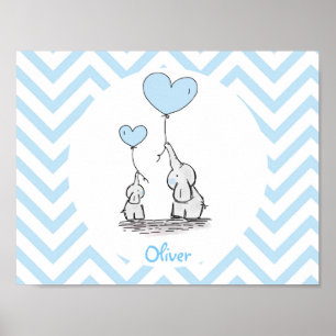 Affiche Éléphant Bleu Bébé Garçon Personnalisé