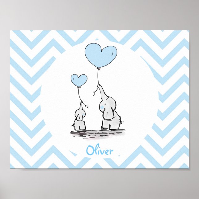 Affiche Éléphant Bleu Bébé Garçon Personnalisé (Devant)